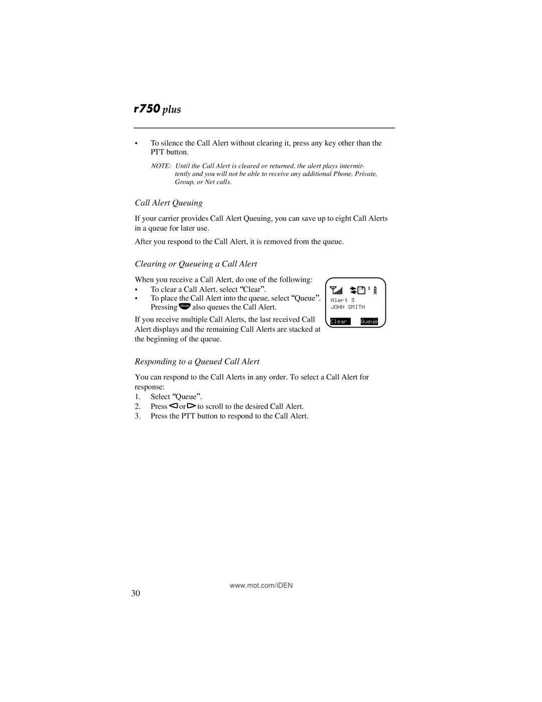 Motorola r750plus manual Call Alert Queuing, Clearing or Queueing a Call Alert, Responding to a Queued Call Alert 