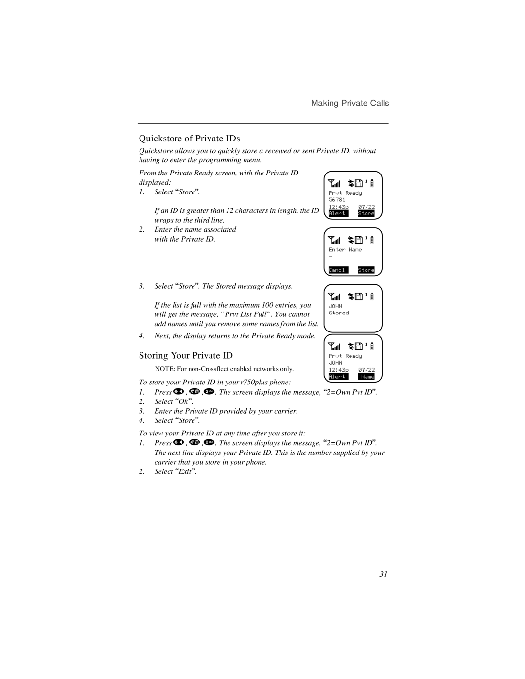 Motorola r750plus manual Quickstore of Private IDs, Storing Your Private ID 