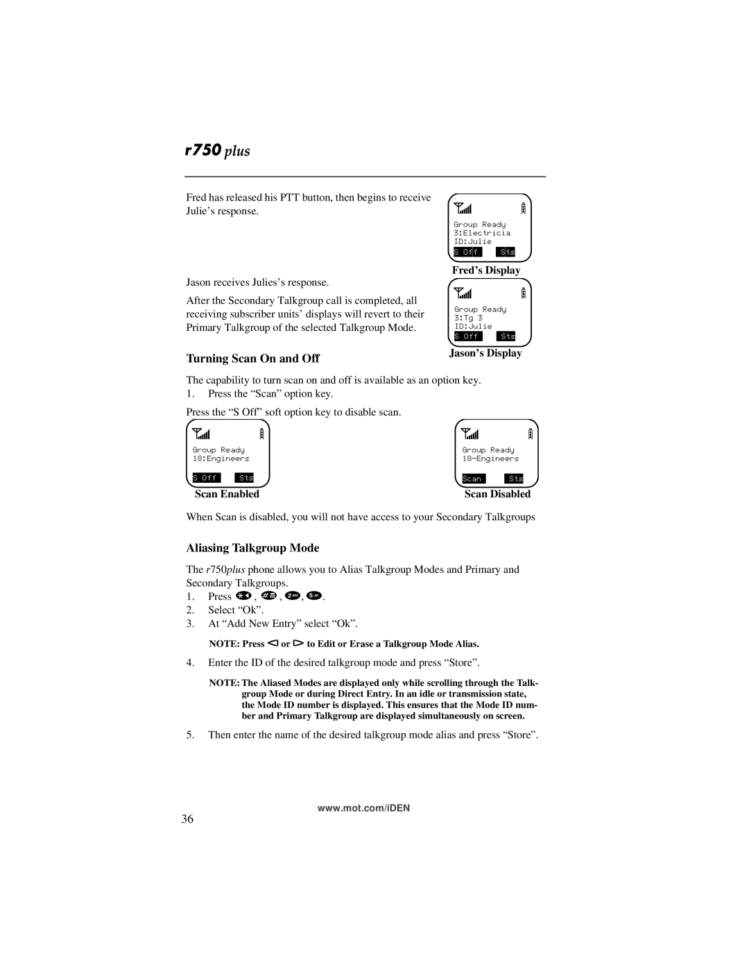 Motorola r750plus manual Turning Scan On and Off, Aliasing Talkgroup Mode 