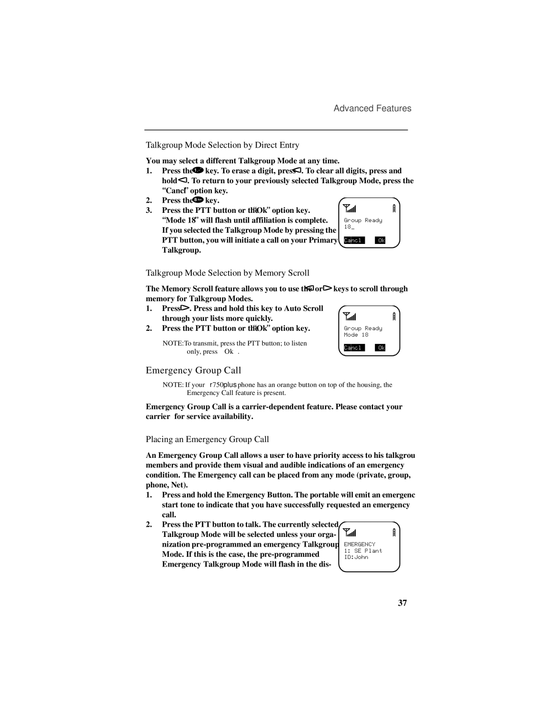 Motorola r750plus manual Talkgroup Mode Selection by Direct Entry, Placing an Emergency Group Call 