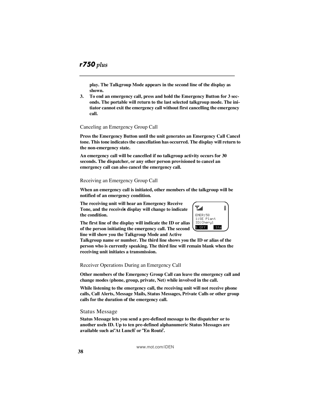 Motorola r750plus manual Status Message, Canceling an Emergency Group Call, Receiving an Emergency Group Call 