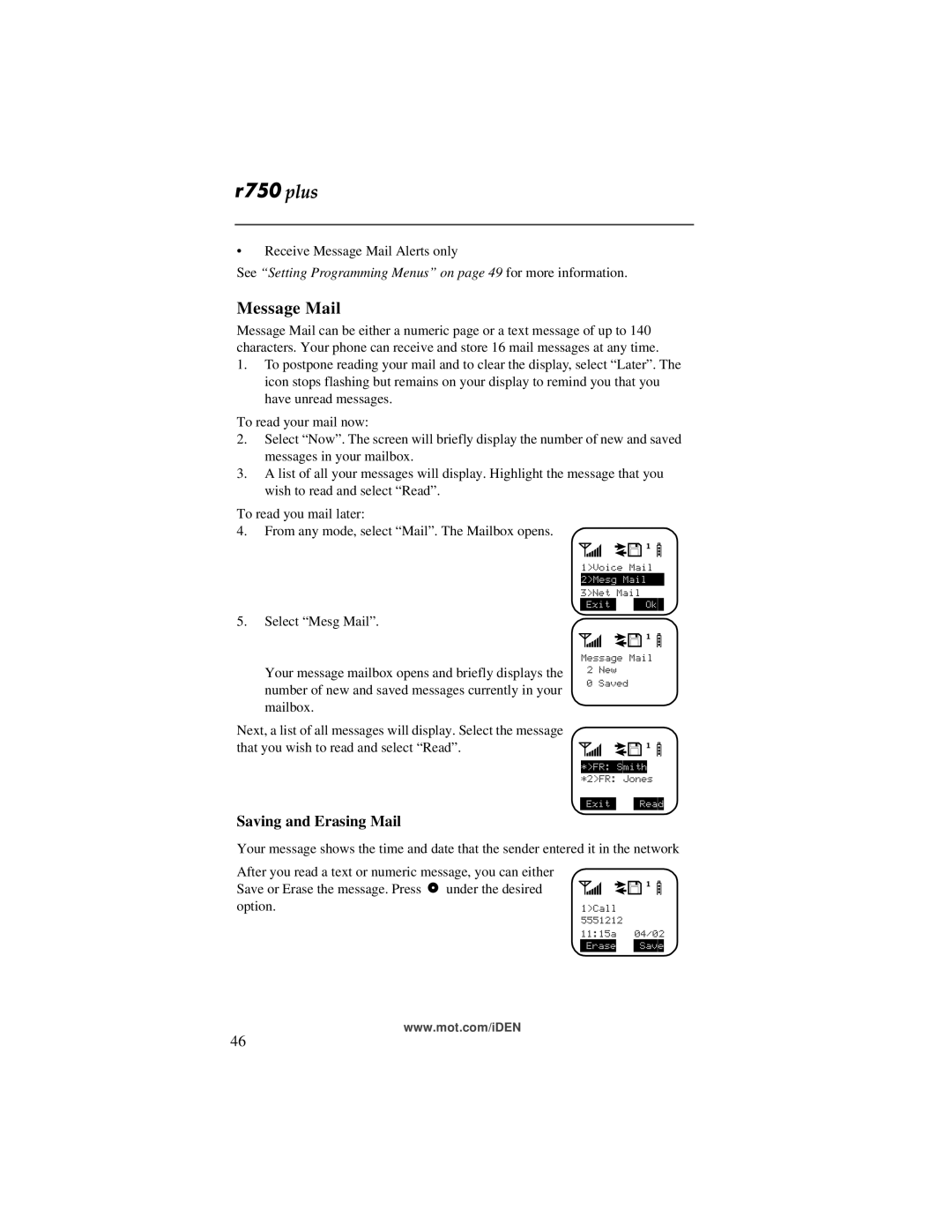 Motorola r750plus manual Message Mail, Saving and Erasing Mail 