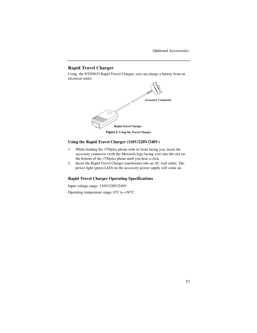 Motorola r750plus manual Using the Rapid Travel Charger 110V/220V/240V, Rapid Travel Charger Operating Specifications 