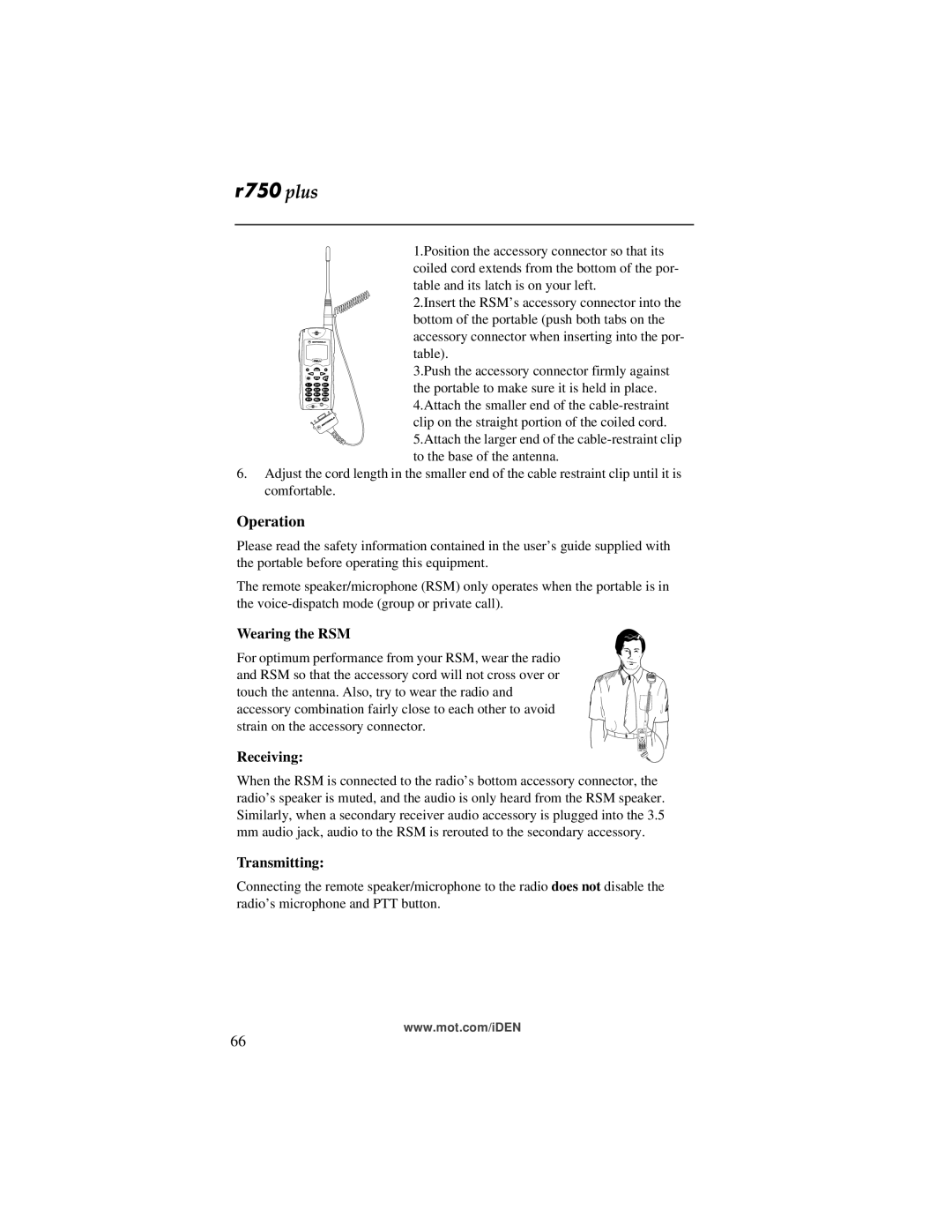 Motorola r750plus manual Operation, Wearing the RSM, Receiving, Transmitting 