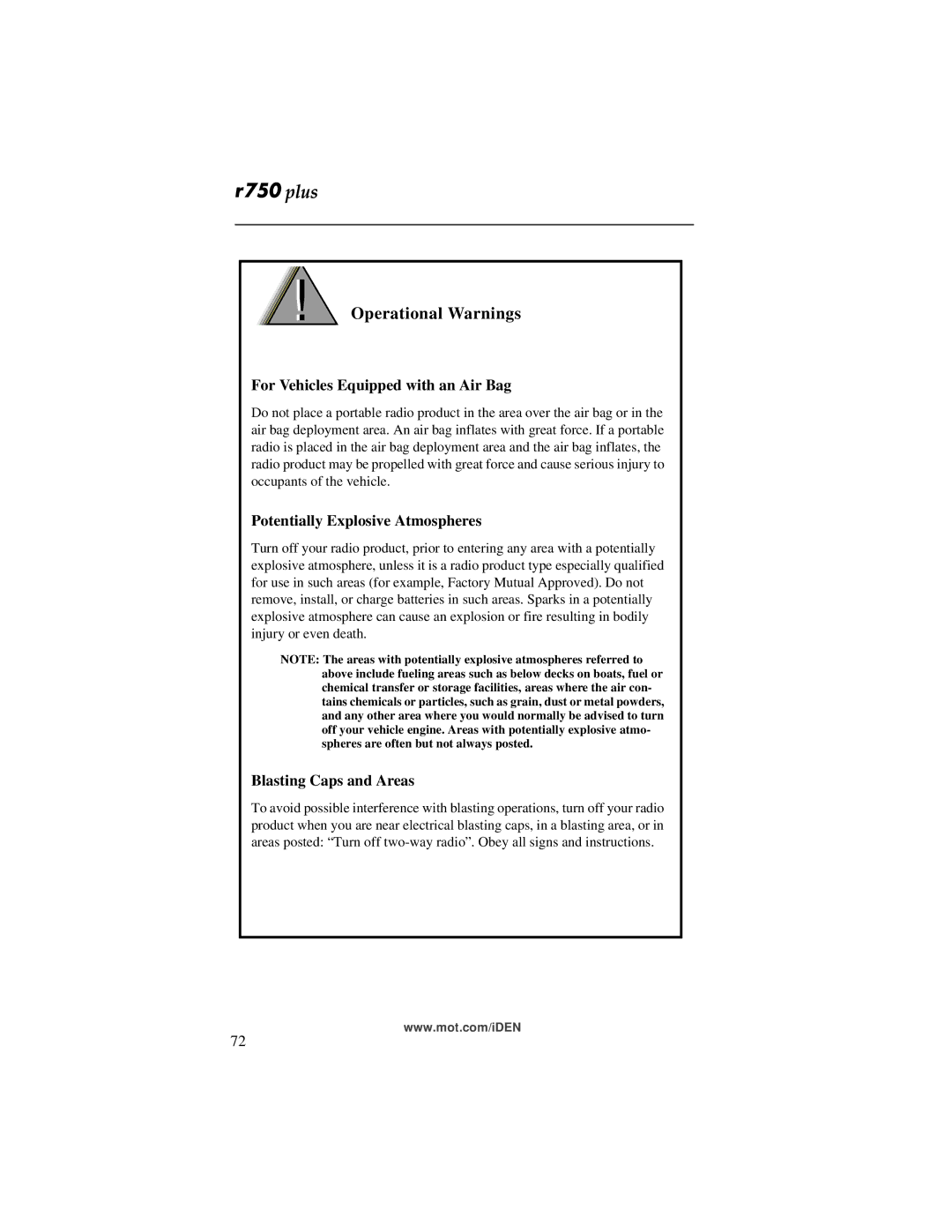 Motorola r750plus manual Operational Warnings, For Vehicles Equipped with an Air Bag, Potentially Explosive Atmospheres 