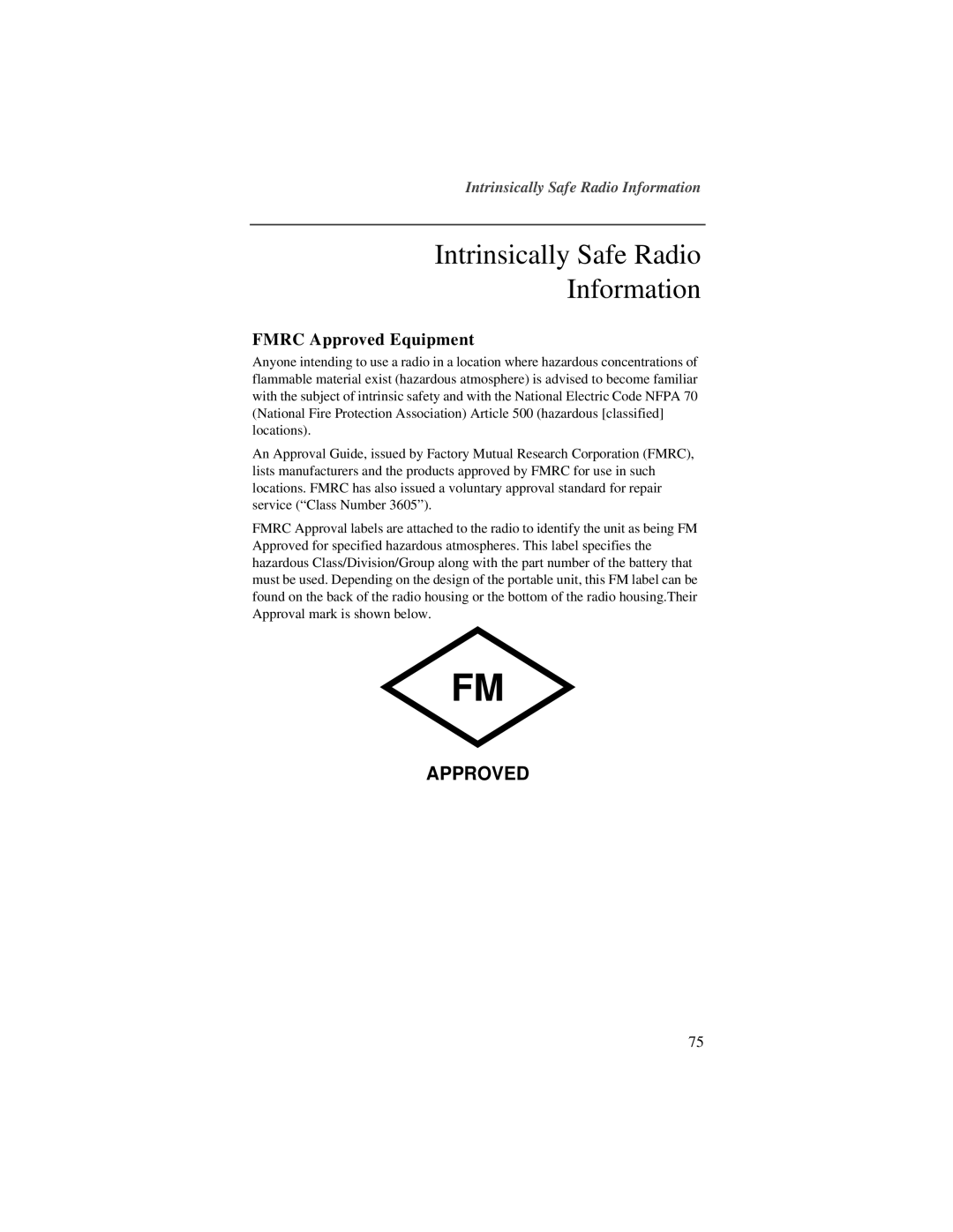 Motorola r750plus manual Intrinsically Safe Radio Information, Fmrc Approved Equipment 