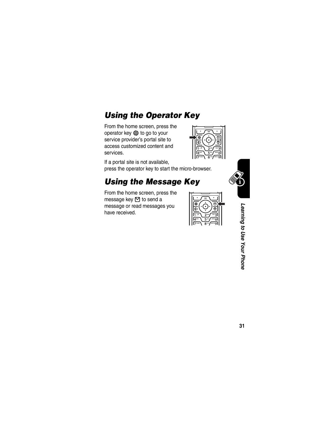 Motorola 210004, RAZRV3PNKATTREF manual Using the Operator Key, Using the Message Key 