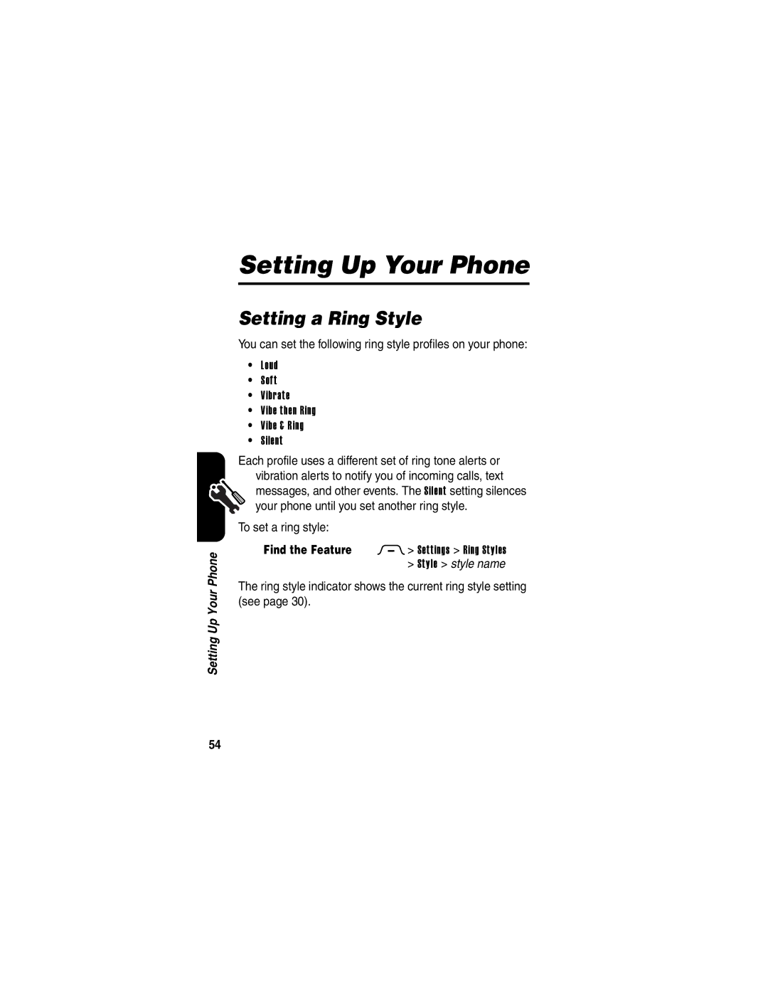 Motorola RAZRV3PNKATTREF, 210004 manual Setting Up Your Phone, Setting a Ring Style, To set a ring style 