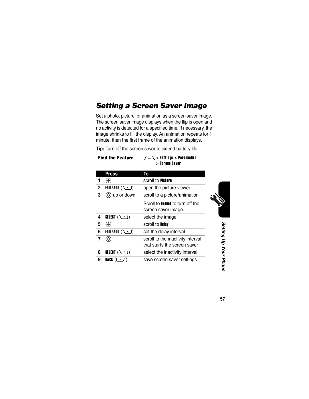 Motorola 210004, RAZRV3PNKATTREF manual Setting a Screen Saver Image 