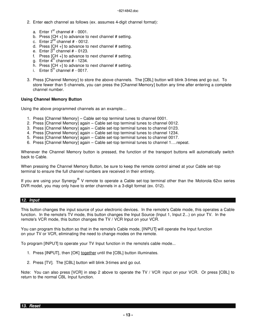 Motorola RC-U63CDR manual Using Channel Memory Button, Input, Reset 