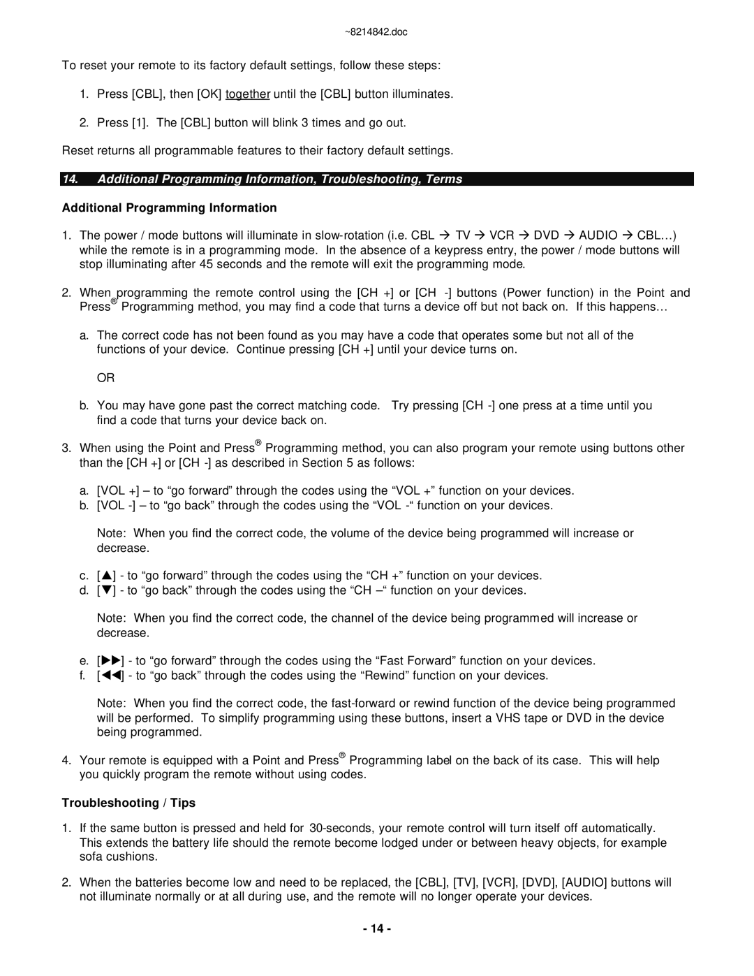 Motorola RC-U63CDR manual Additional Programming Information, Troubleshooting, Terms, Troubleshooting / Tips 