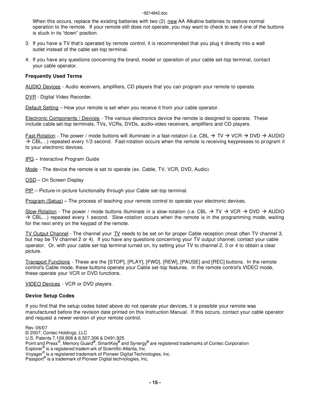 Motorola RC-U63CDR manual Frequently Used Terms, Device Setup Codes 