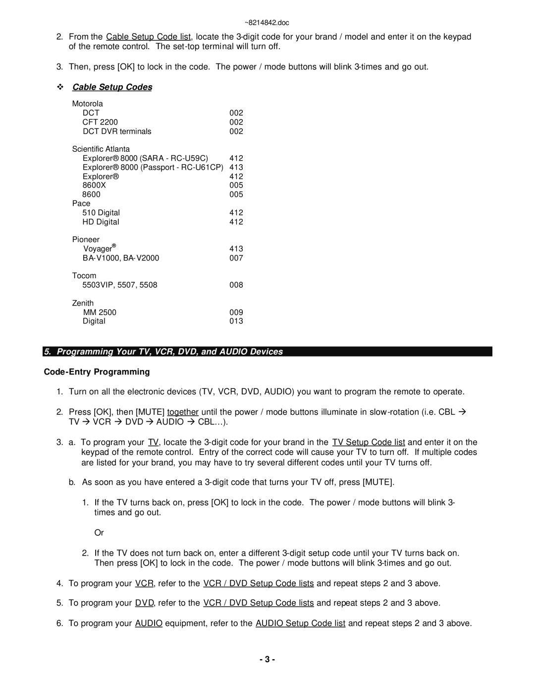 Motorola RC-U63CDR manual Cable Setup Codes, Programming Your TV, VCR, DVD, and Audio Devices, Code-Entry Programming, Dct 