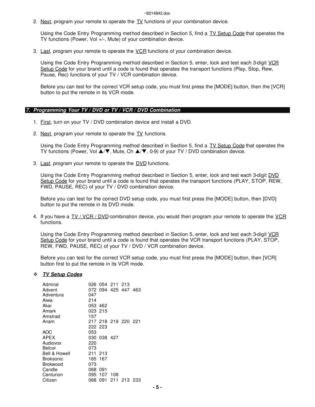 Motorola RC-U63CDR manual Programming Your TV / DVD or TV / VCR / DVD Combination, TV Setup Codes, Aoc, Apex 