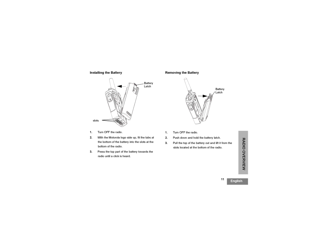 Motorola rdm2080d, RDM2020 manual Overview, Installing the Battery, Removing the Battery, Radio 