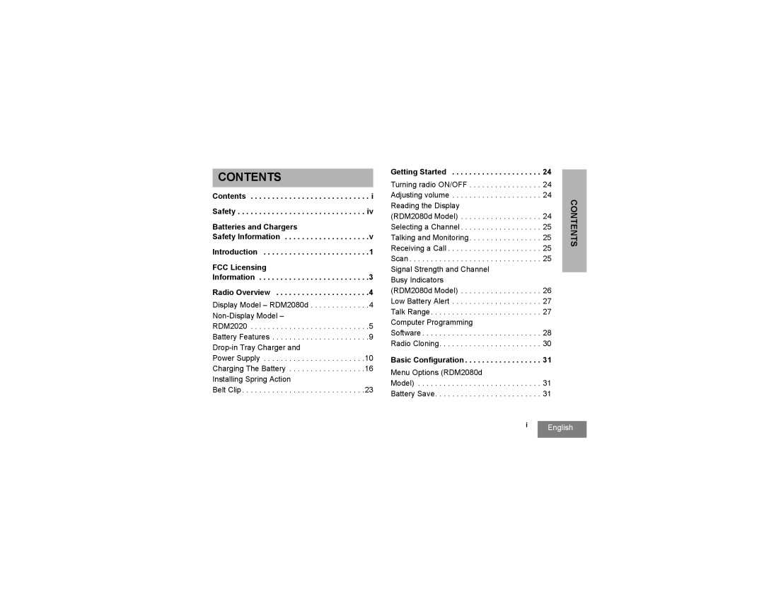 Motorola rdm2080d, RDM2020 manual Contents 