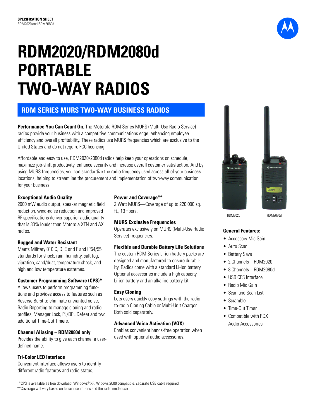 Motorola rdm2080d specifications Exceptional Audio Quality, Rugged and Water Resistant, Power and Coverage, Easy Cloning 