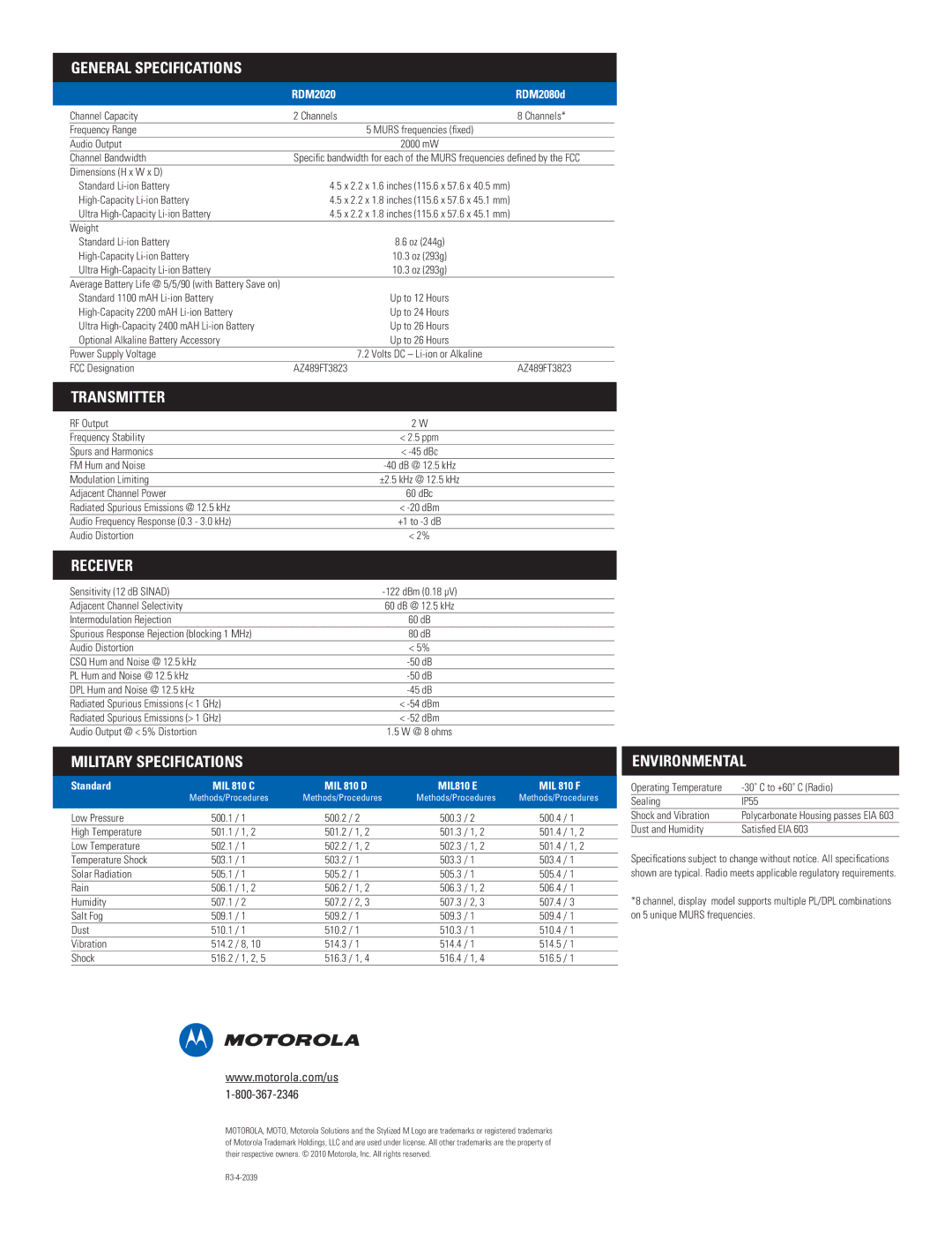 Motorola rdm2080d specifications General Specifications, Transmitter, Receiver, Military Specifications, Environmental 