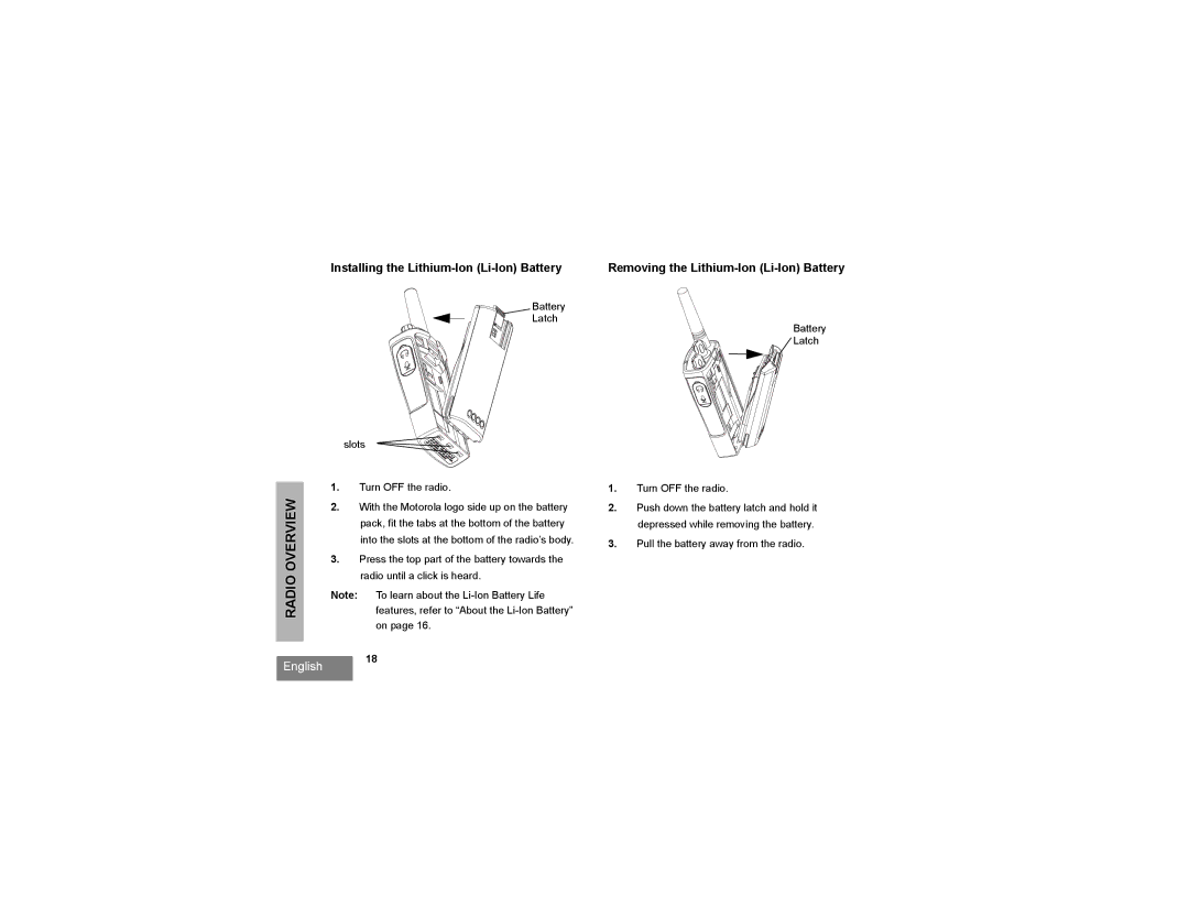Motorola RDU2080 manual Installing the Lithium-Ion Li-Ion Battery, Removing the Lithium-Ion Li-Ion Battery 