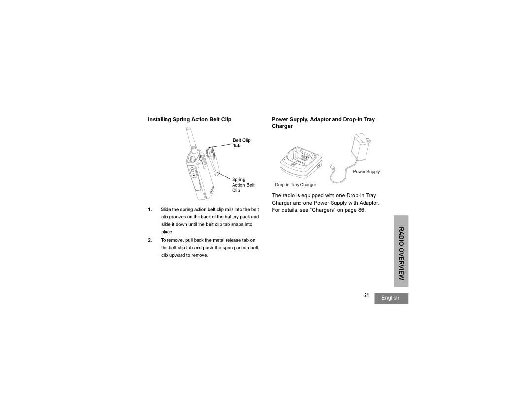 Motorola RDU2080 manual Installing Spring Action Belt Clip, Charger 