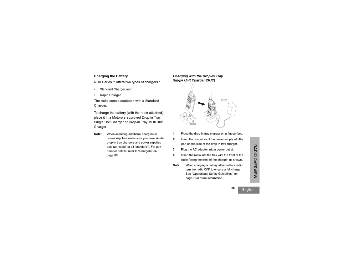 Motorola RDU2080 manual Charging the Battery, Charging with the Drop-in Tray Single Unit Charger SUC 