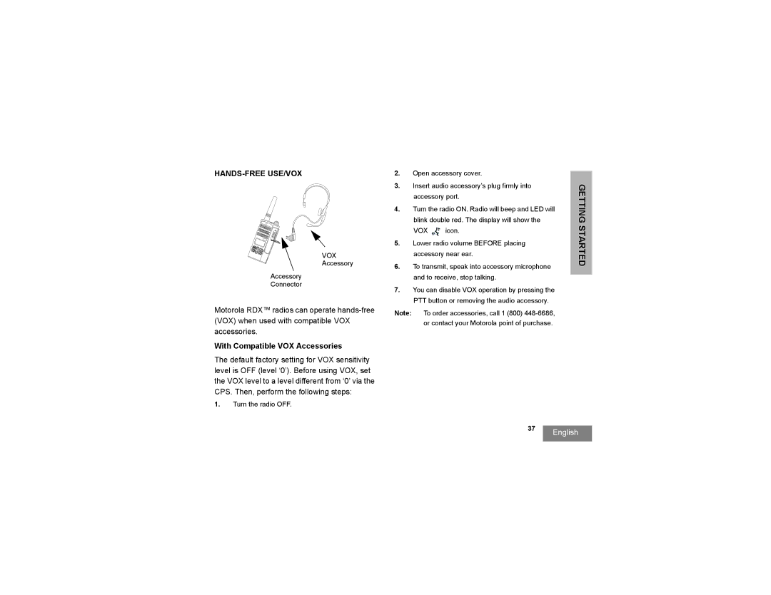 Motorola RDU2080 manual Hands-Free Use/Vox, With Compatible VOX Accessories 