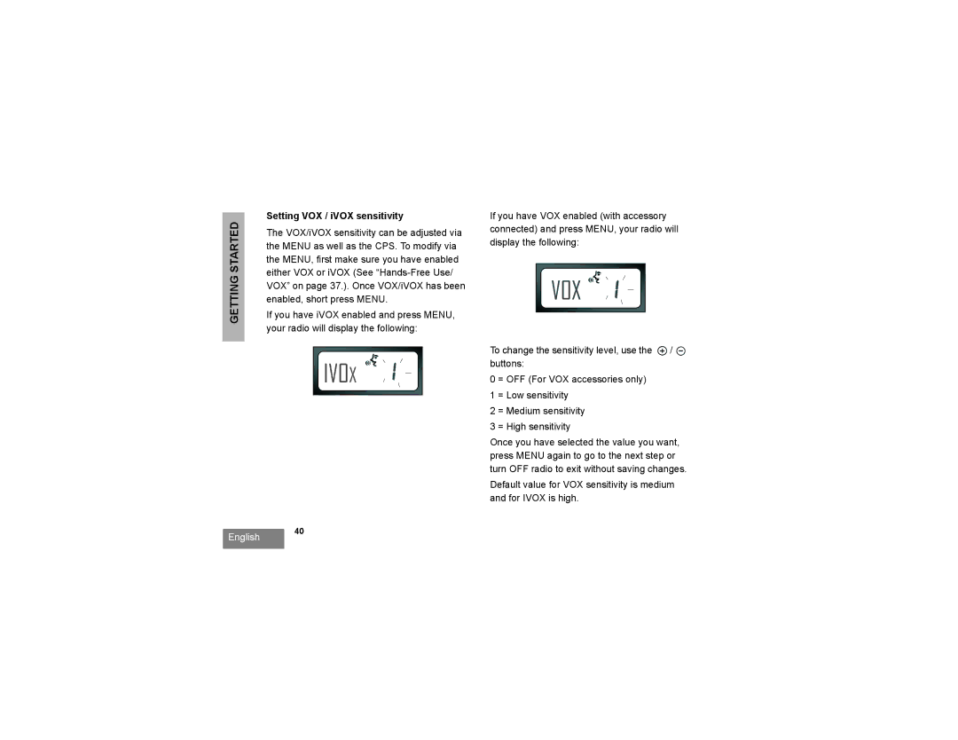 Motorola RDU2080 manual Ivo, Setting VOX / iVOX sensitivity 