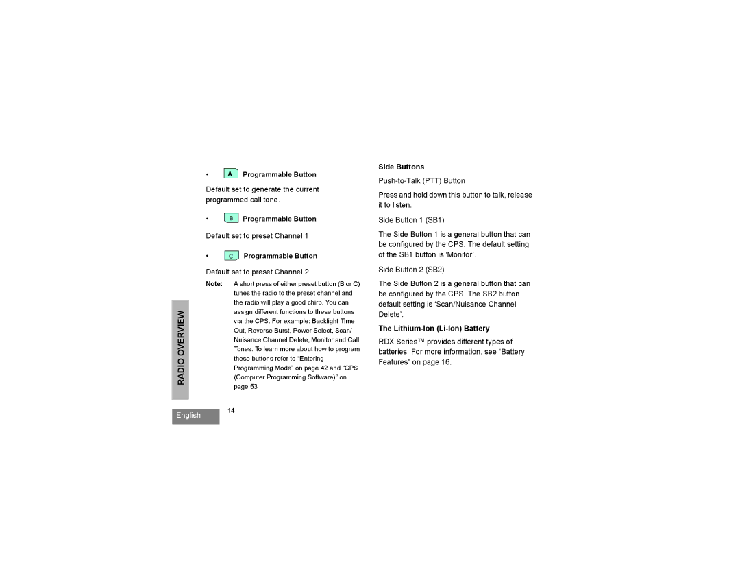 Motorola RDU2080d Side Buttons, Push-to-Talk PTT Button, Side Button 1 SB1, Side Button 2 SB2, Lithium-Ion Li-Ion Battery 