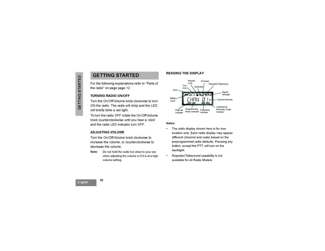 Motorola RDU2080d, RDV2080d manual Getting Started, Turning Radio ON/OFF, Adjusting Volume, Reading the Display 