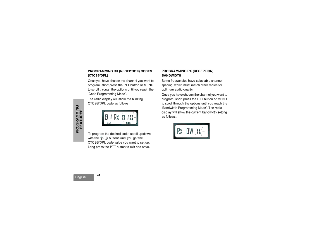 Motorola RDU2080d, RDV2080d manual Programming RX Reception Codes CTCSS/DPL, Programming RX Reception Bandwidth 