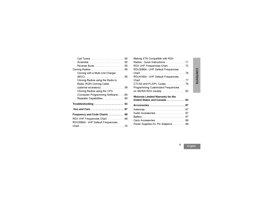 Motorola RDV2080d, RDU2080d manual Troubleshooting Use and Care Frequency and Code Charts 