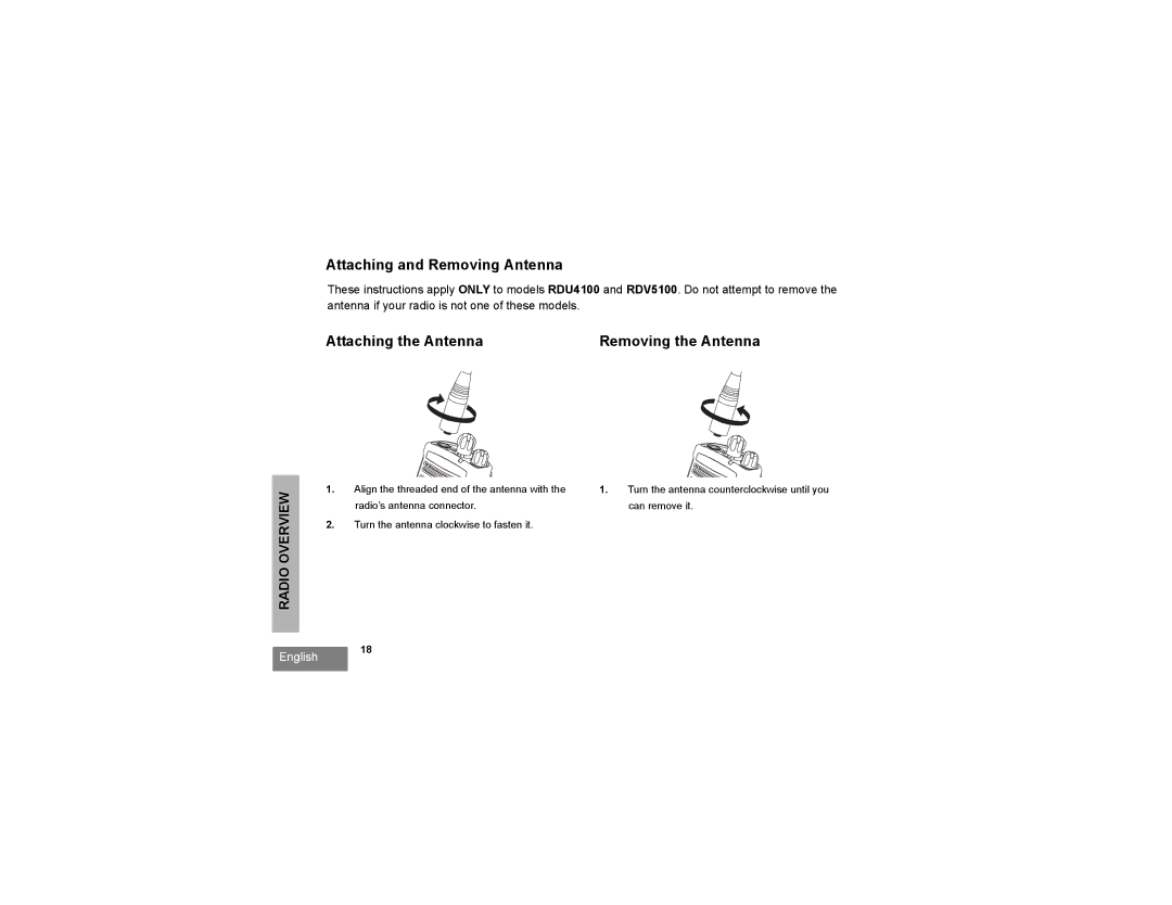 Motorola RDV5100, RDU2020, RDV2020, RDU4100 manual Attaching and Removing Antenna 