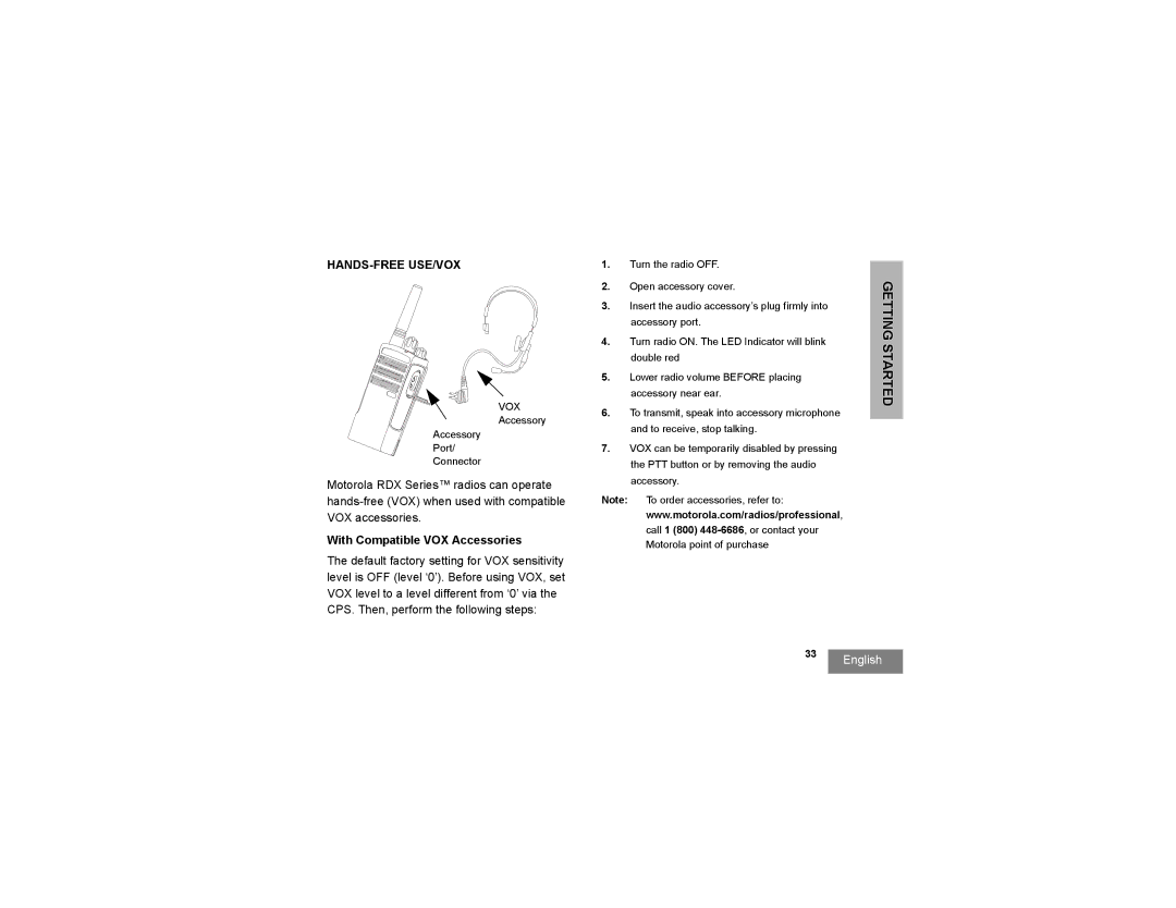 Motorola RDU4100, RDV5100, RDU2020, RDV2020 manual Hands-Free Use/Vox, With Compatible VOX Accessories 