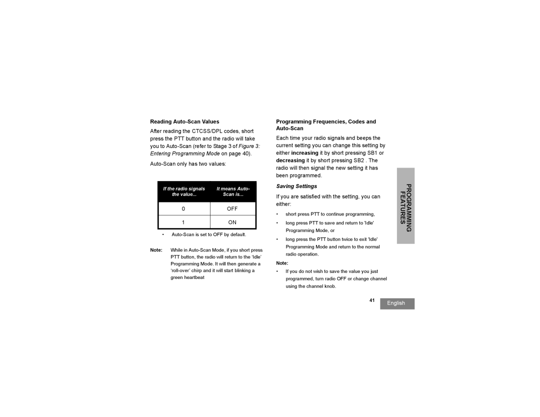 Motorola RDU4100, RDV5100, RDU2020 Reading Auto-Scan Values, Programming Frequencies, Codes and Auto-Scan, Saving Settings 