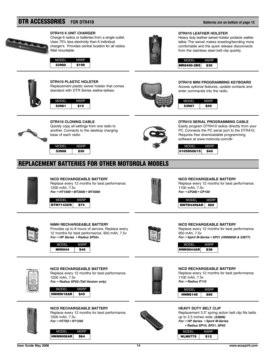 Motorola RDV5100, RDU4160D manual For DTR410, DTR410 6 Unit Charger DTR410 Leather Holster, NiCD Rechargeable Battery 