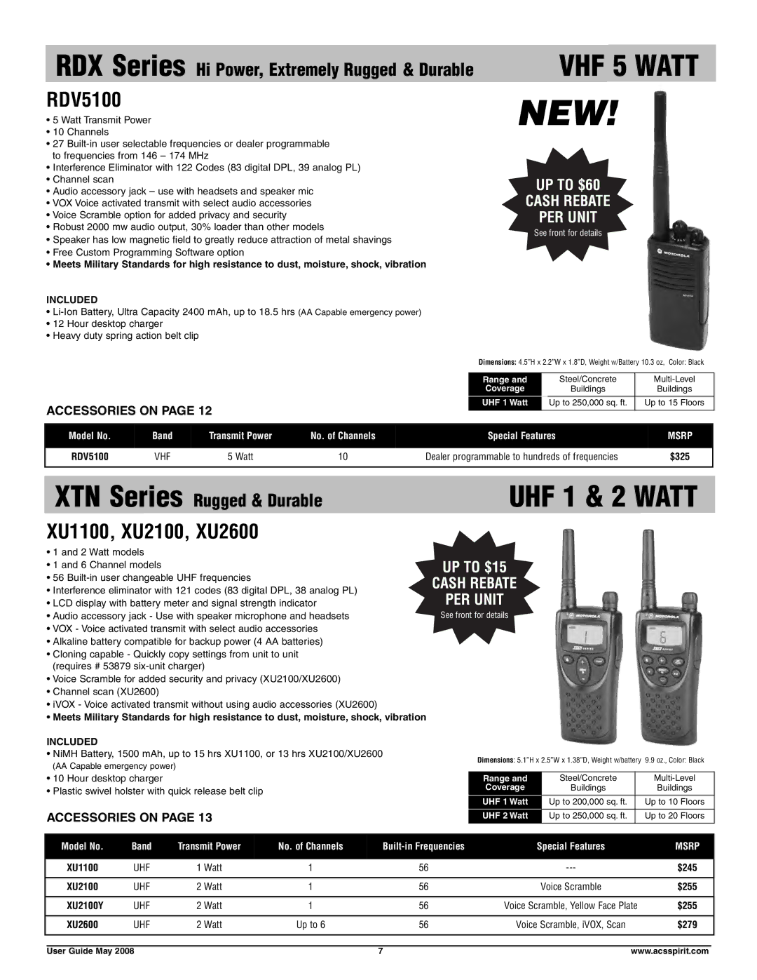 Motorola RDU4160D manual RDV5100, XU1100, XU2100, XU2600 