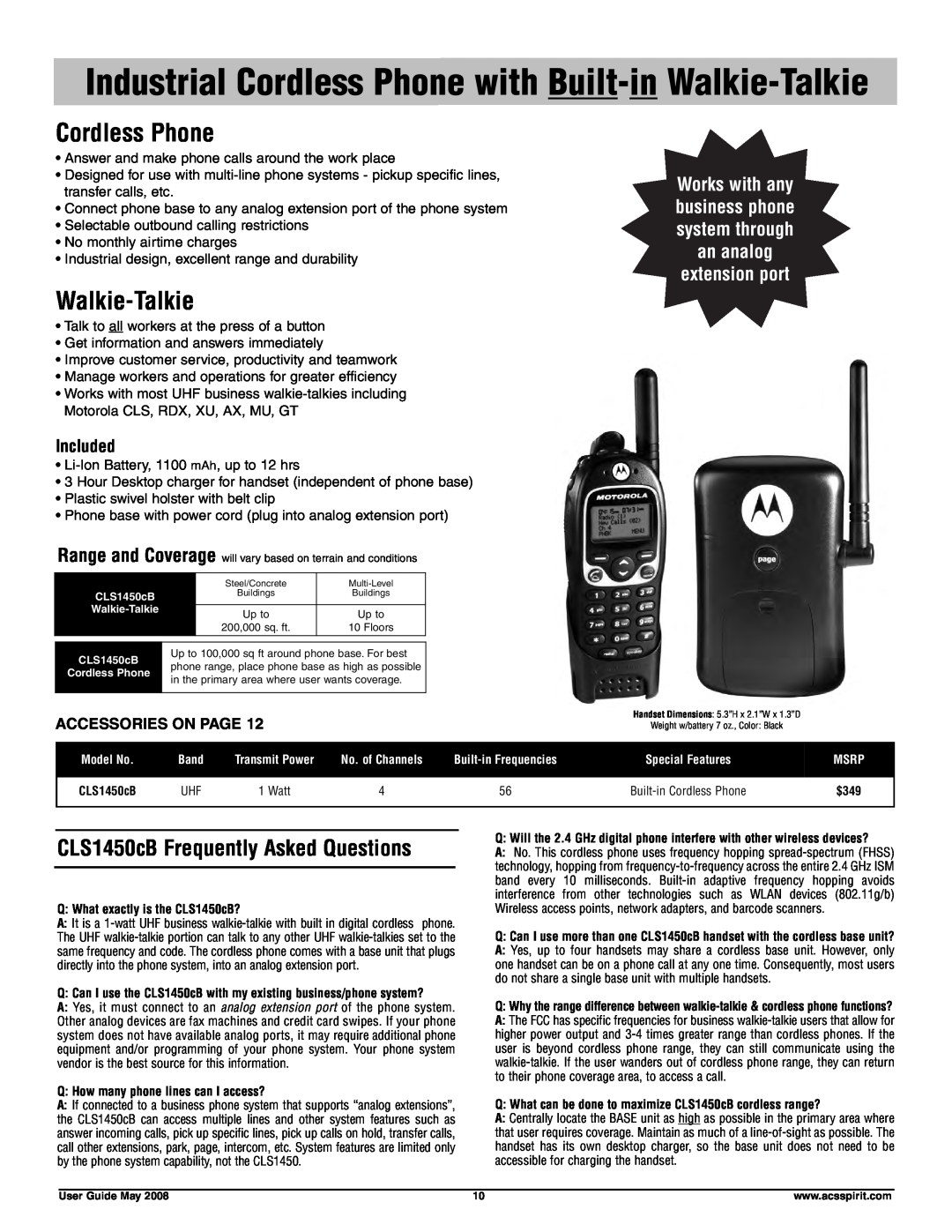 Motorola RDV5100 Industrial Cordless Phone with Built-in Walkie-Talkie, CLS1450cB Frequently Asked Questions, Included 