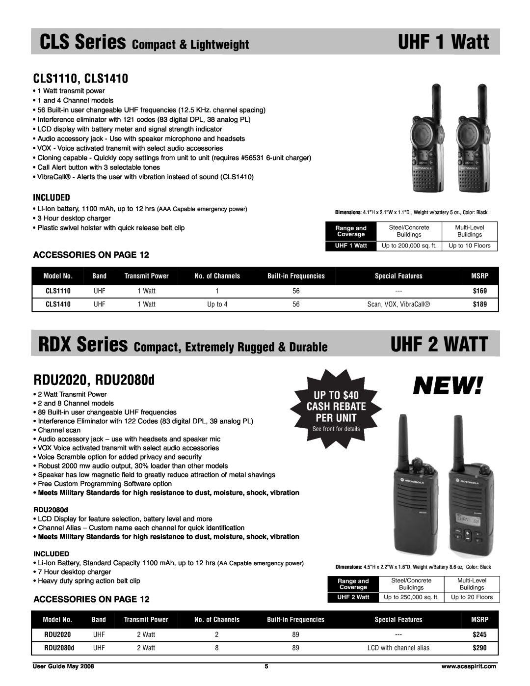 Motorola RDU4160D UHF 2 WATT, RDU2020, RDU2080d, CLS Series Compact & Lightweight, UP TO $40 CASH REBATE PER UNIT, $245 