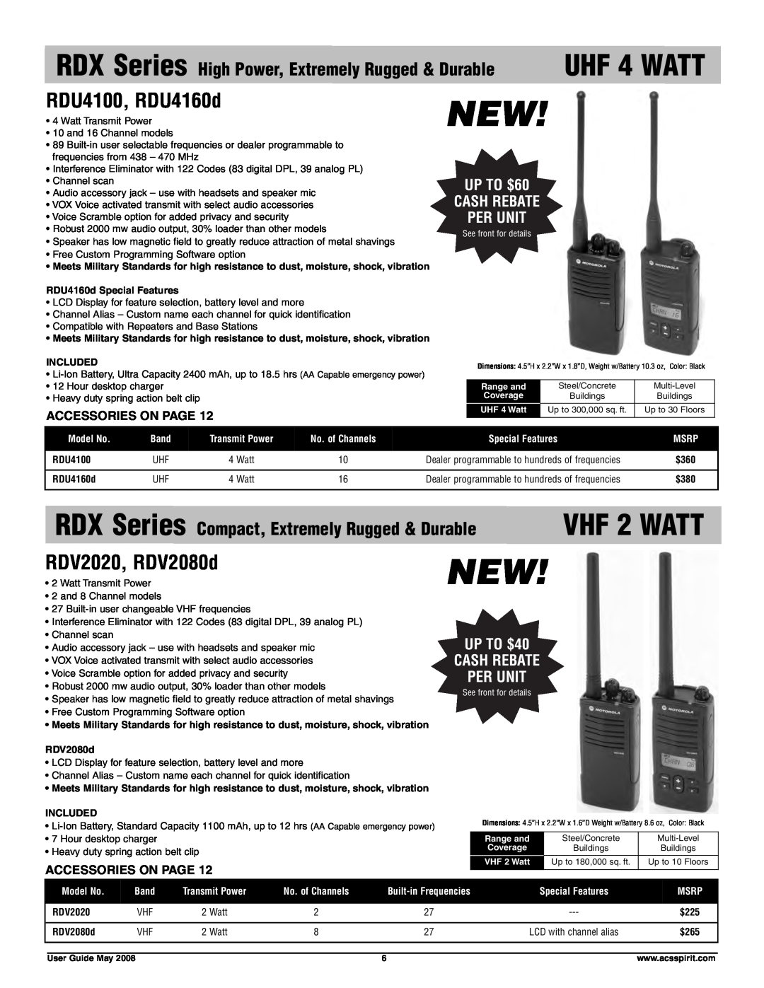 Motorola RDV5100 UHF 4 WATT, VHF 2 WATT, RDU4100, RDU4160d, RDV2020, RDV2080d, UP TO $60 CASH REBATE PER UNIT, Included 