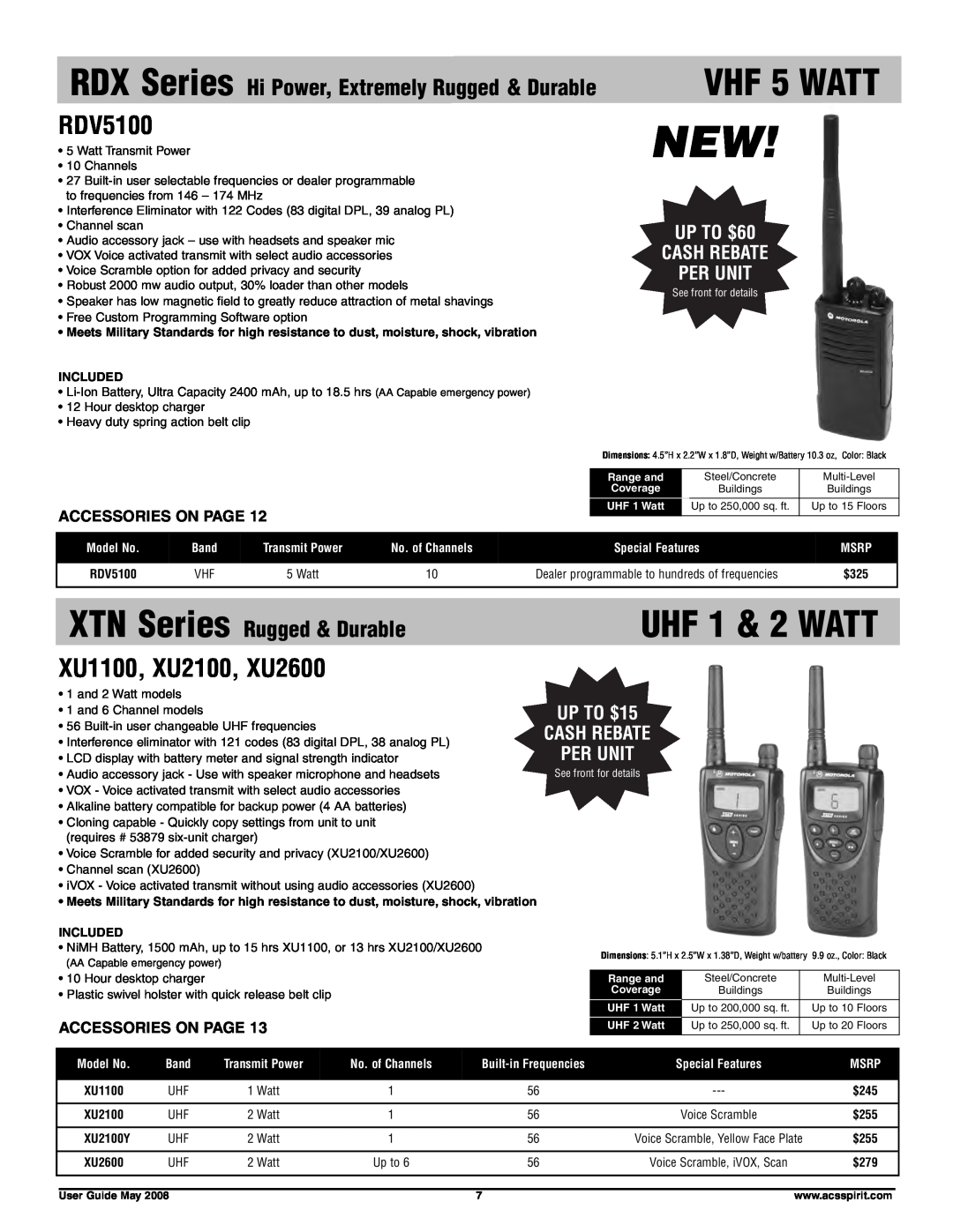 Motorola RDU4160D VHF 5 WATT, RDV5100, XU1100, XU2100, XU2600, RDX Series Hi Power, Extremely Rugged & Durable, Included 