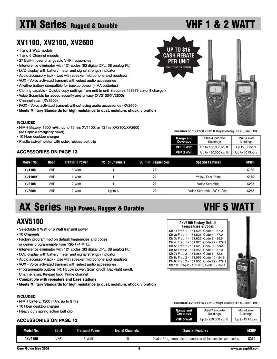 Motorola RDV5100 XV1100, XV2100, AXV5100, XTN Series Rugged & Durable, AX Series High Power, Rugger & Durable, VHF 5 WATT 