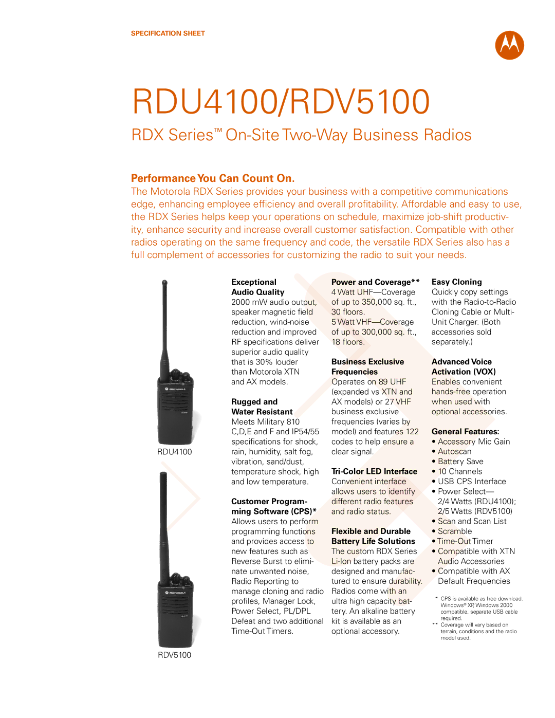 Motorola RDV5100 specifications Exceptional Audio Quality, General Features 