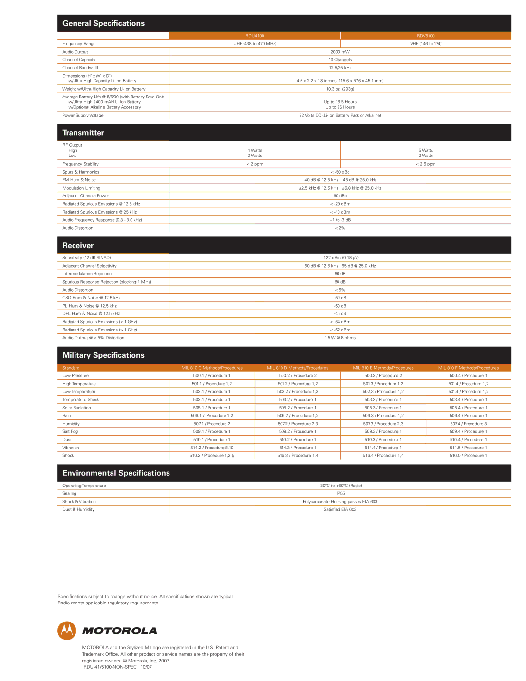 Motorola RDV5100 General Specifications, Transmitter, Receiver, Military Specifications, Environmental Specifications 