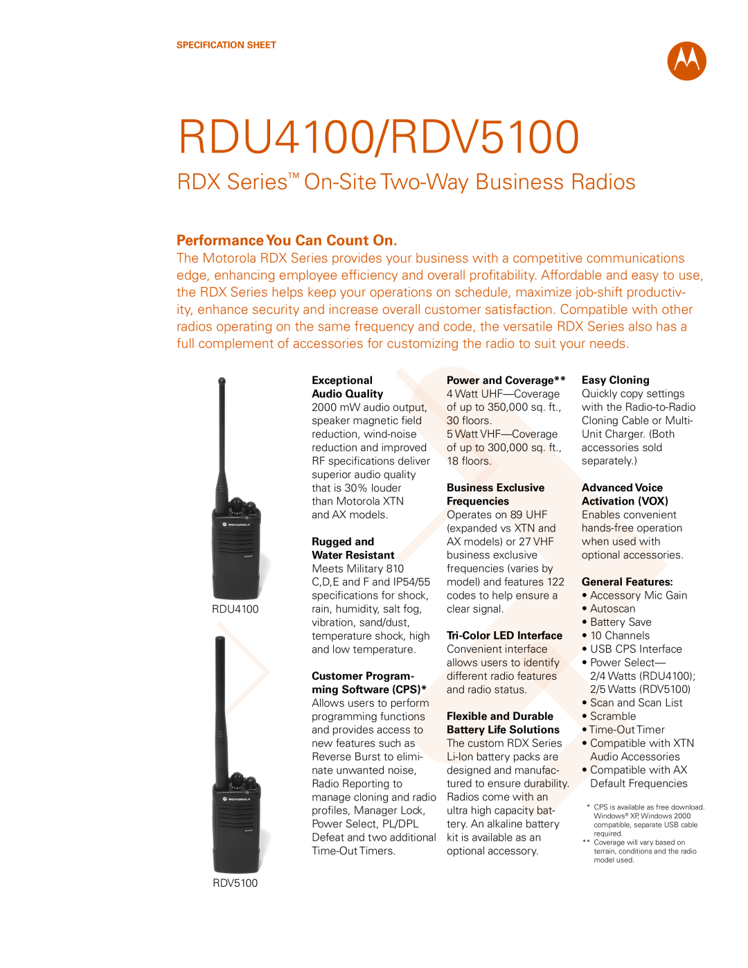 Motorola specifications RDU4100/RDV5100, RDX Series On-Site Two-Way Business Radios, Performance You Can Count On 