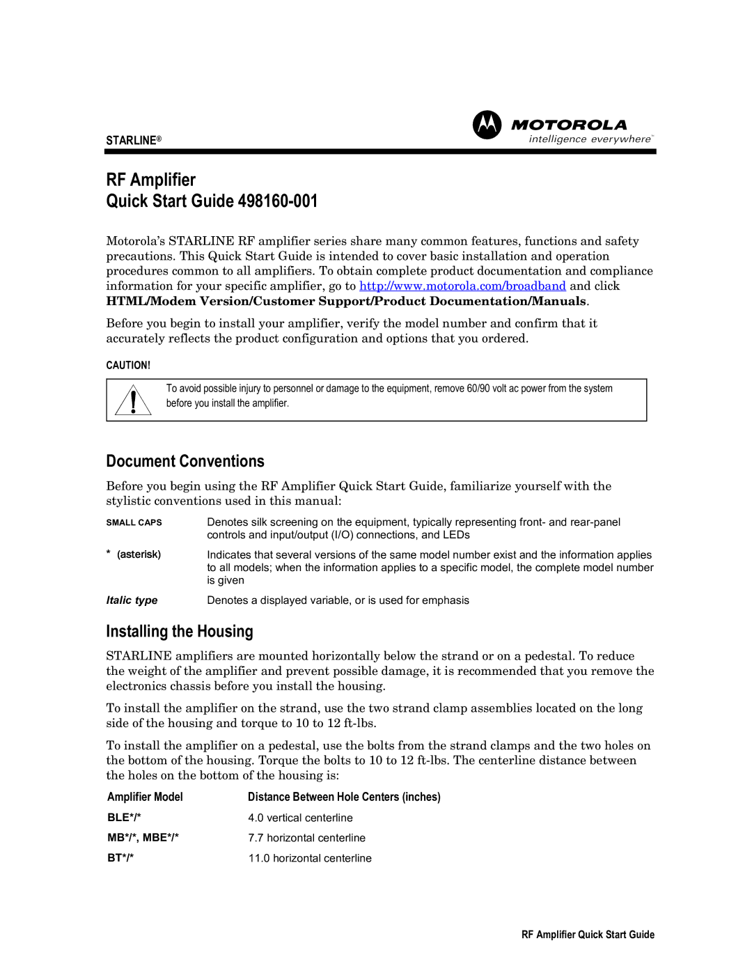 Motorola RF Amplifier quick start Document Conventions, Installing the Housing, Amplifier Model 