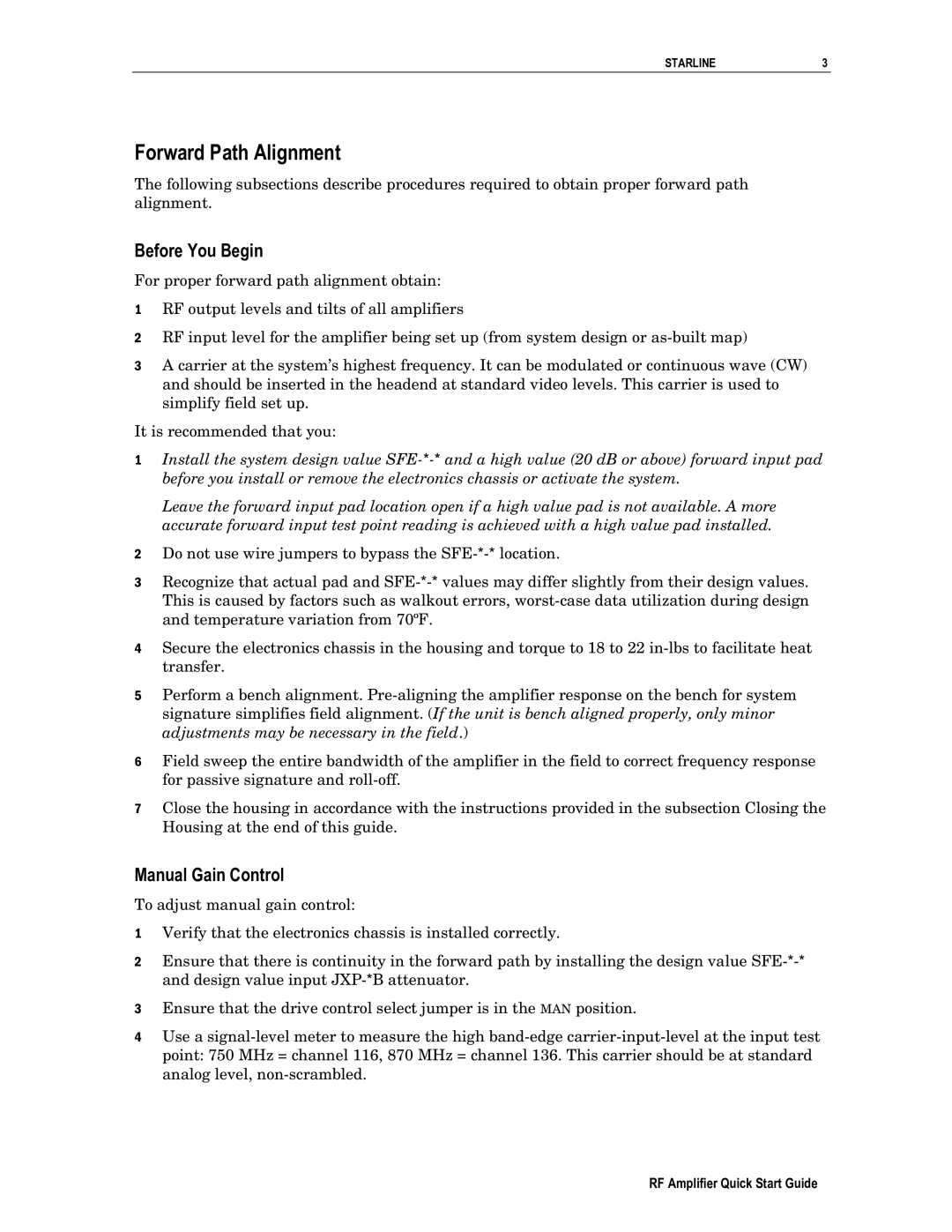 Motorola RF Amplifier quick start Forward Path Alignment, Before You Begin, Manual Gain Control 