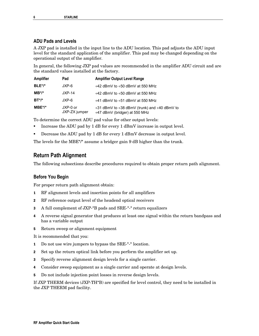 Motorola RF Amplifier quick start Return Path Alignment, ADU Pads and Levels, Amplifier Pad Amplifier Output Level Range 