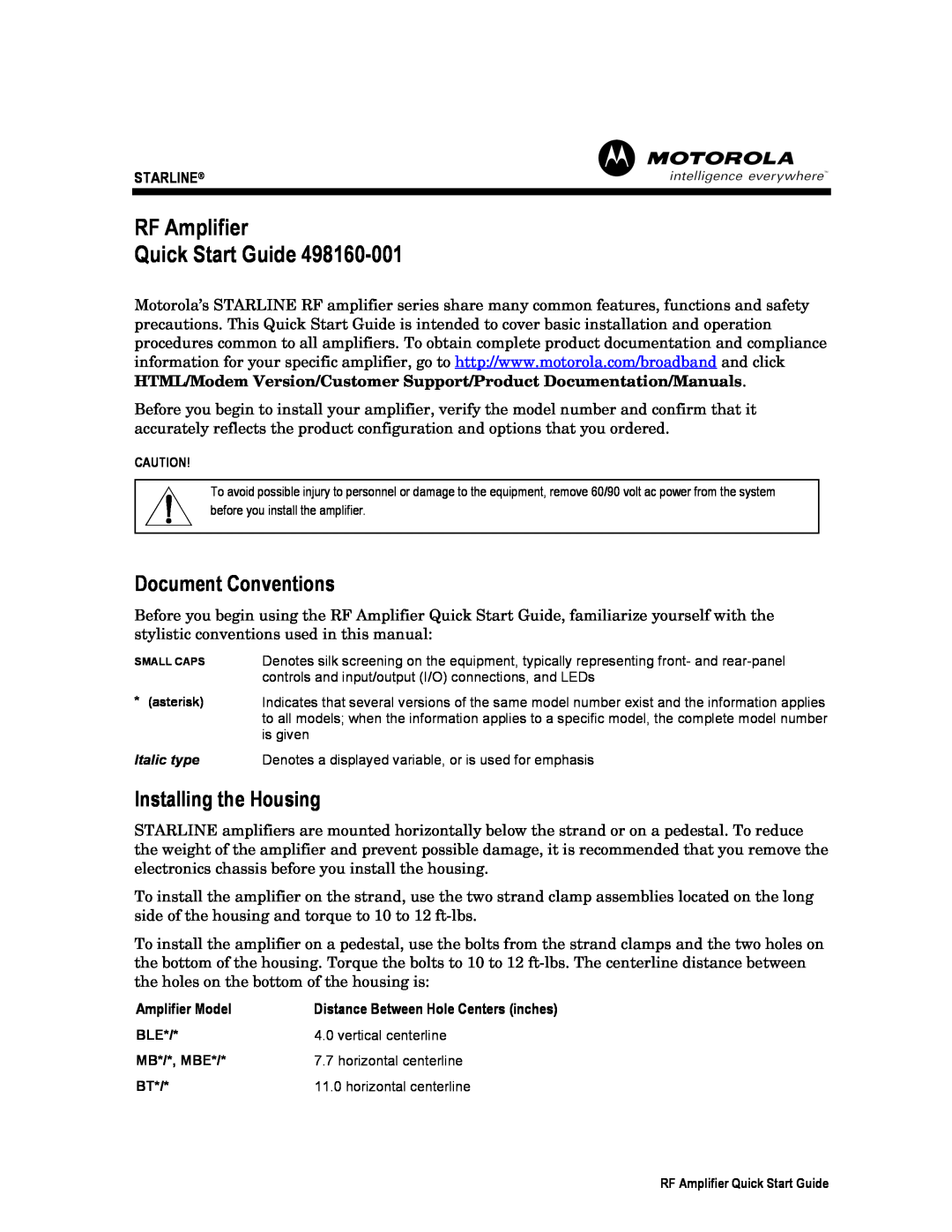 Motorola RF Amplifier quick start Document Conventions, Installing the Housing, Starline, Amplifier Model 