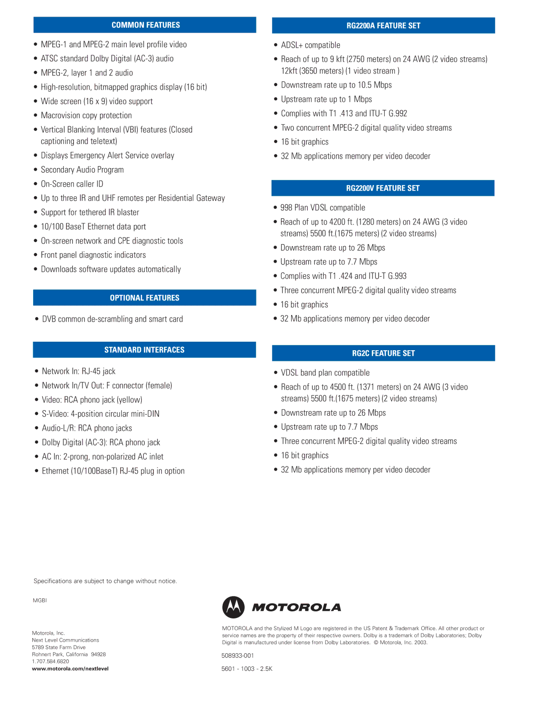 Motorola RG2200 manual DVB common de-scrambling and smart card, Plan Vdsl compatible, Vdsl band plan compatible 