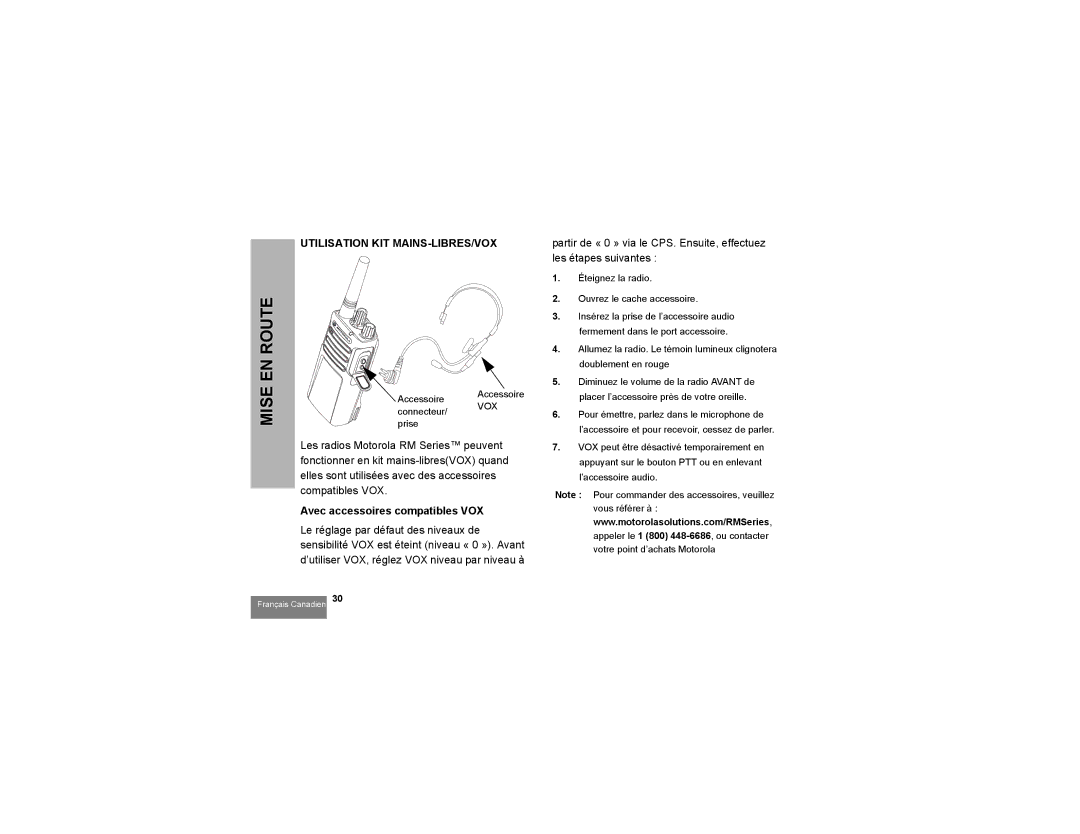 Motorola RMM2050 manual Utilisation KIT MAINS-LIBRES/VOX, Avec accessoires compatibles VOX 